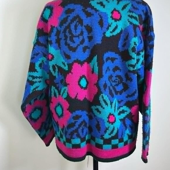 VTG 80s Reference Point Bold Floral Sweater SZ M Neon Magenta Boxy Retro Cosby - Picture 4 of 9